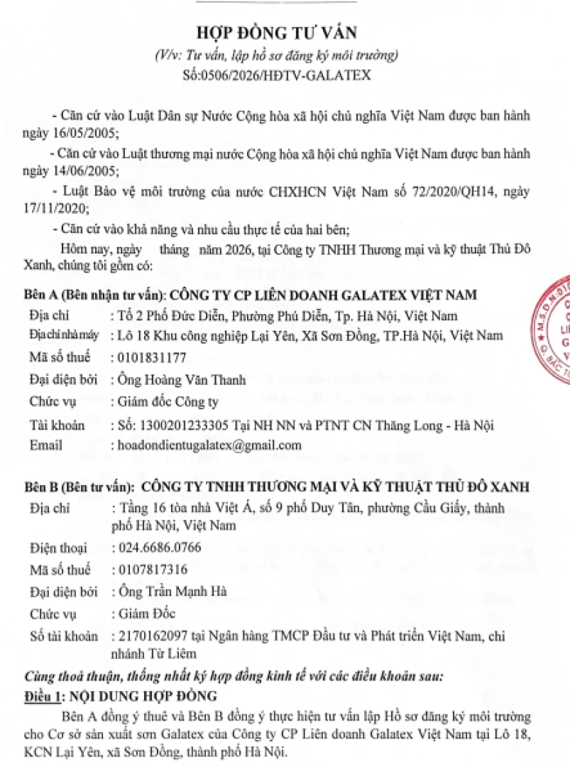 Tư vấn thủ tục đăng ký môi trường cho Công ty Cổ phần Liên doanh Galatex Việt Nam