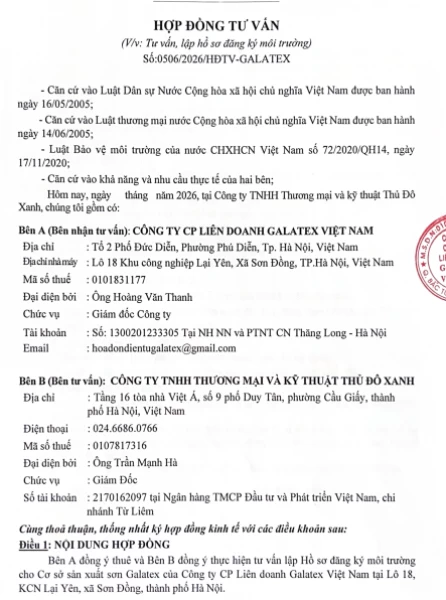 Tư vấn thủ tục đăng ký môi trường cho Công ty Cổ phần Liên doanh Galatex Việt Nam